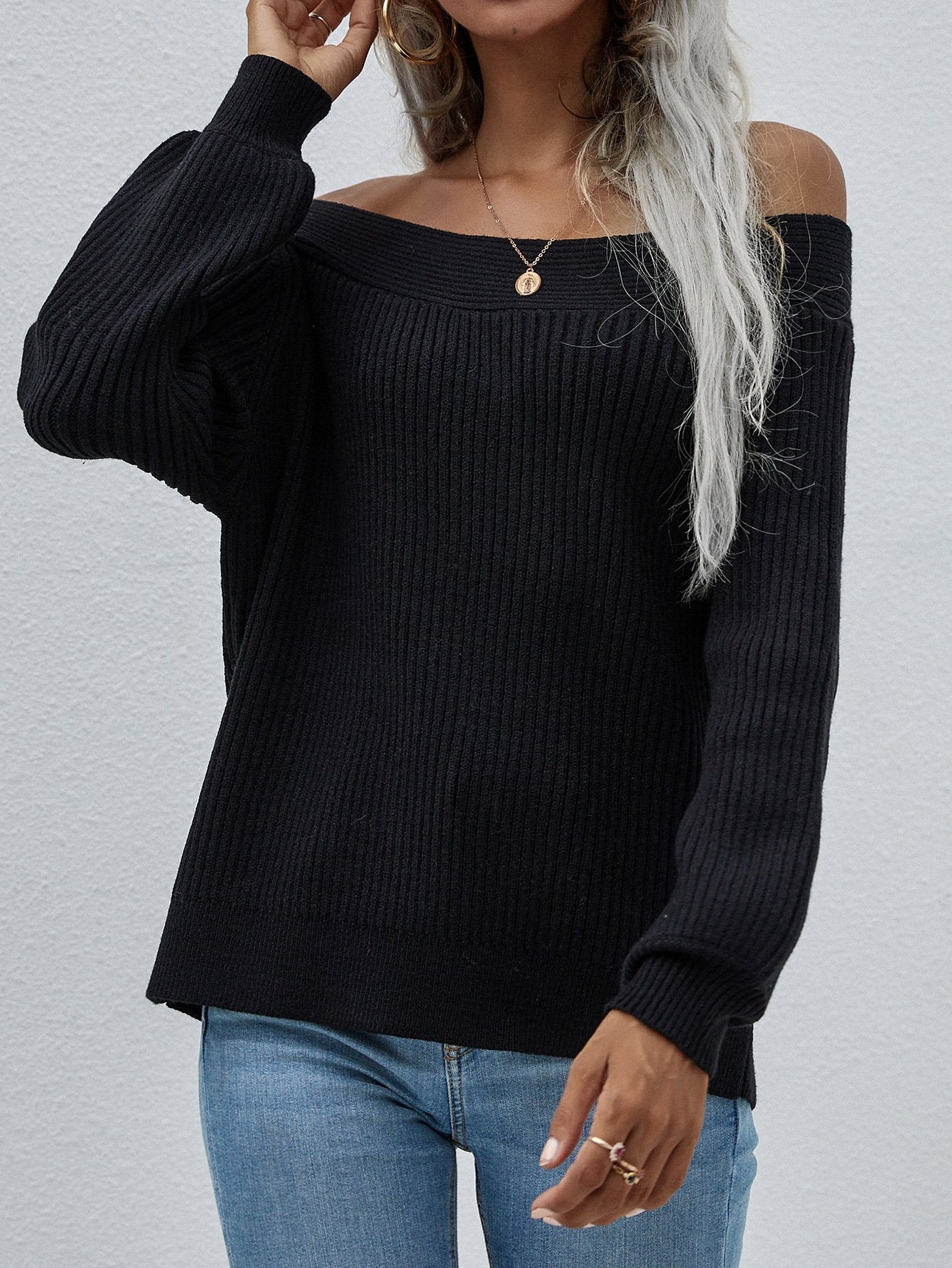 Off-Shoulder Rib-Knit Sweater BLUE ZONE PLANET