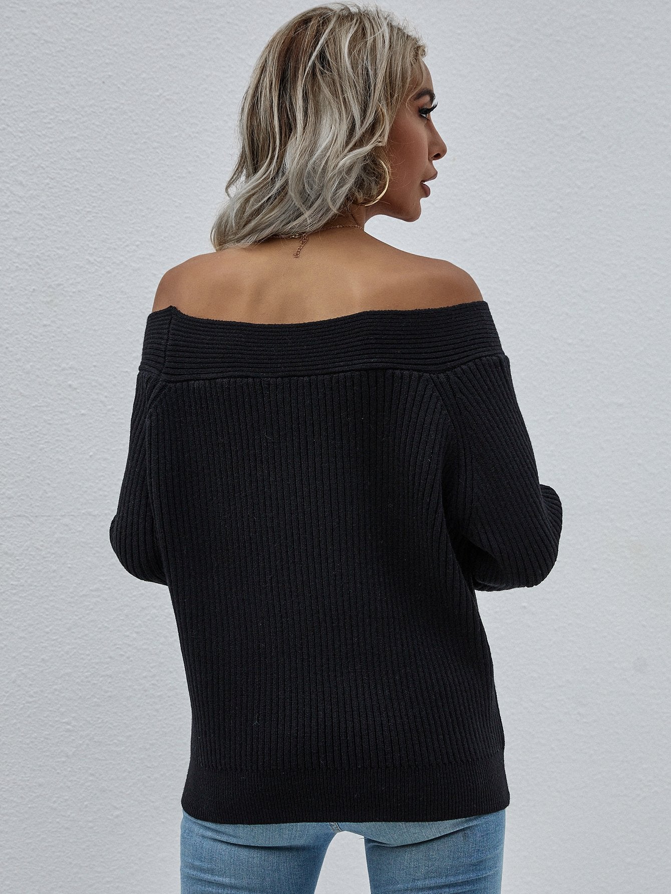 Off-Shoulder Rib-Knit Sweater BLUE ZONE PLANET