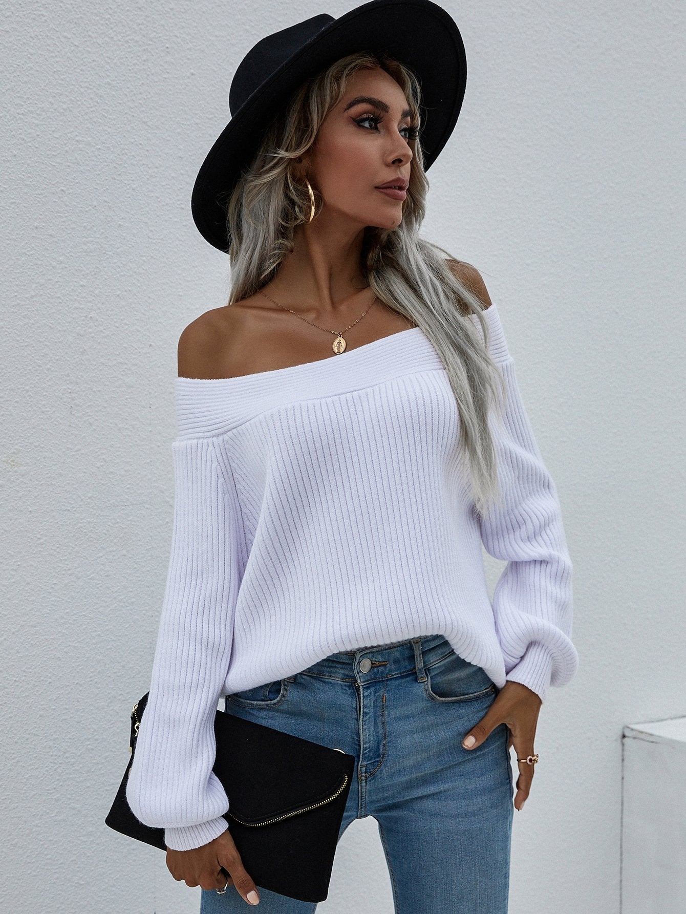 Off-Shoulder Rib-Knit Sweater BLUE ZONE PLANET