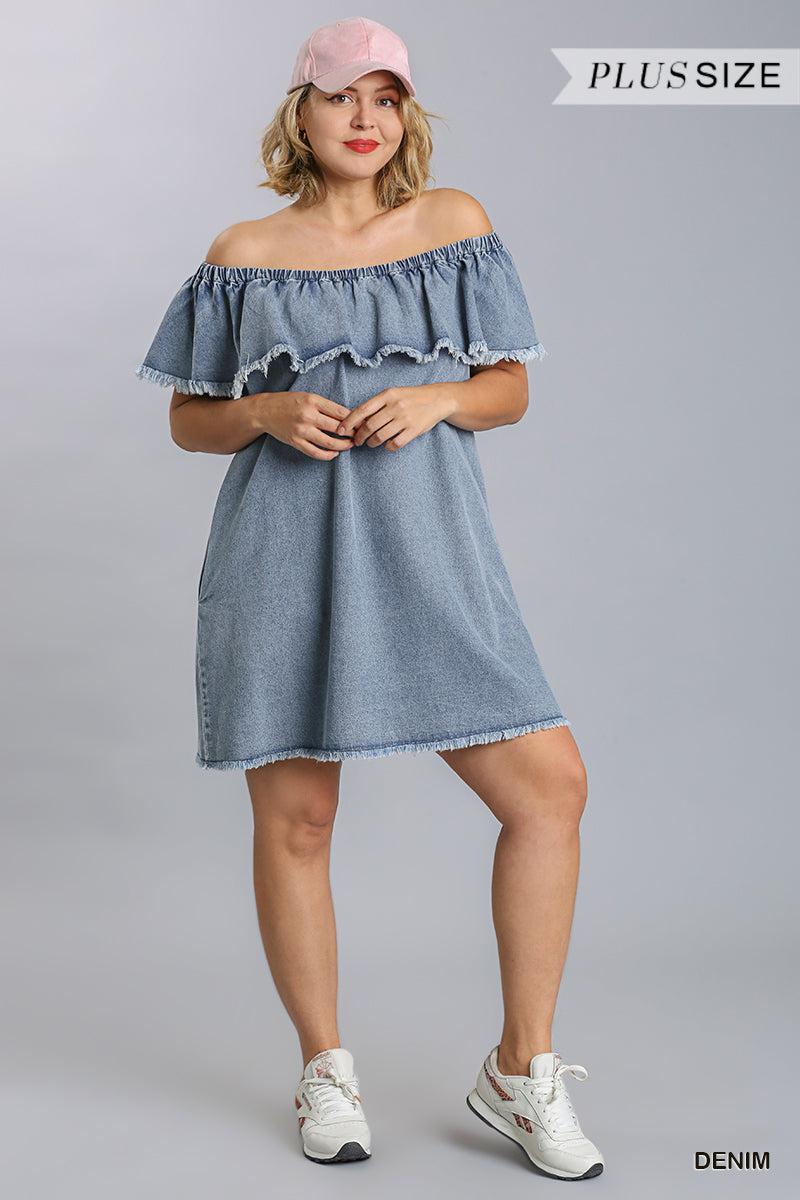 Off Shoulder Ruffled Denim Dress With Frayed Hem & Pockets Blue Zone Planet