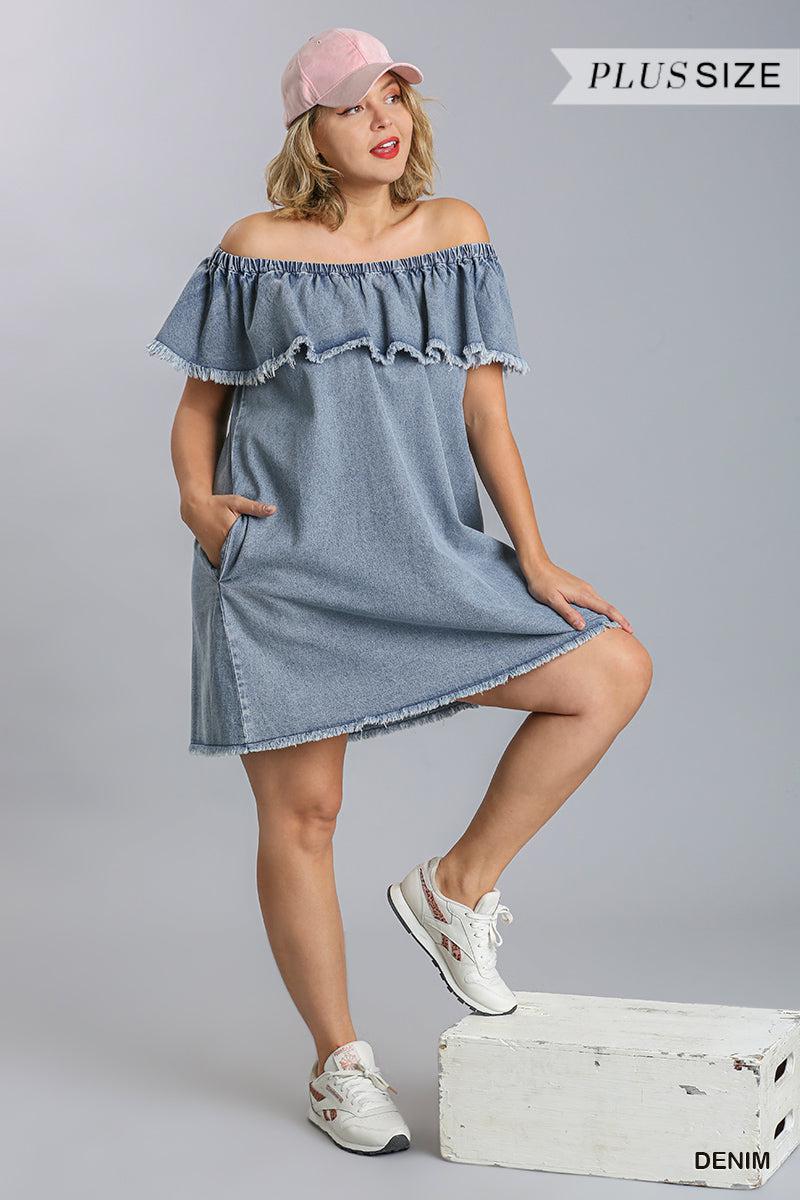 Off Shoulder Ruffled Denim Dress With Frayed Hem & Pockets Blue Zone Planet
