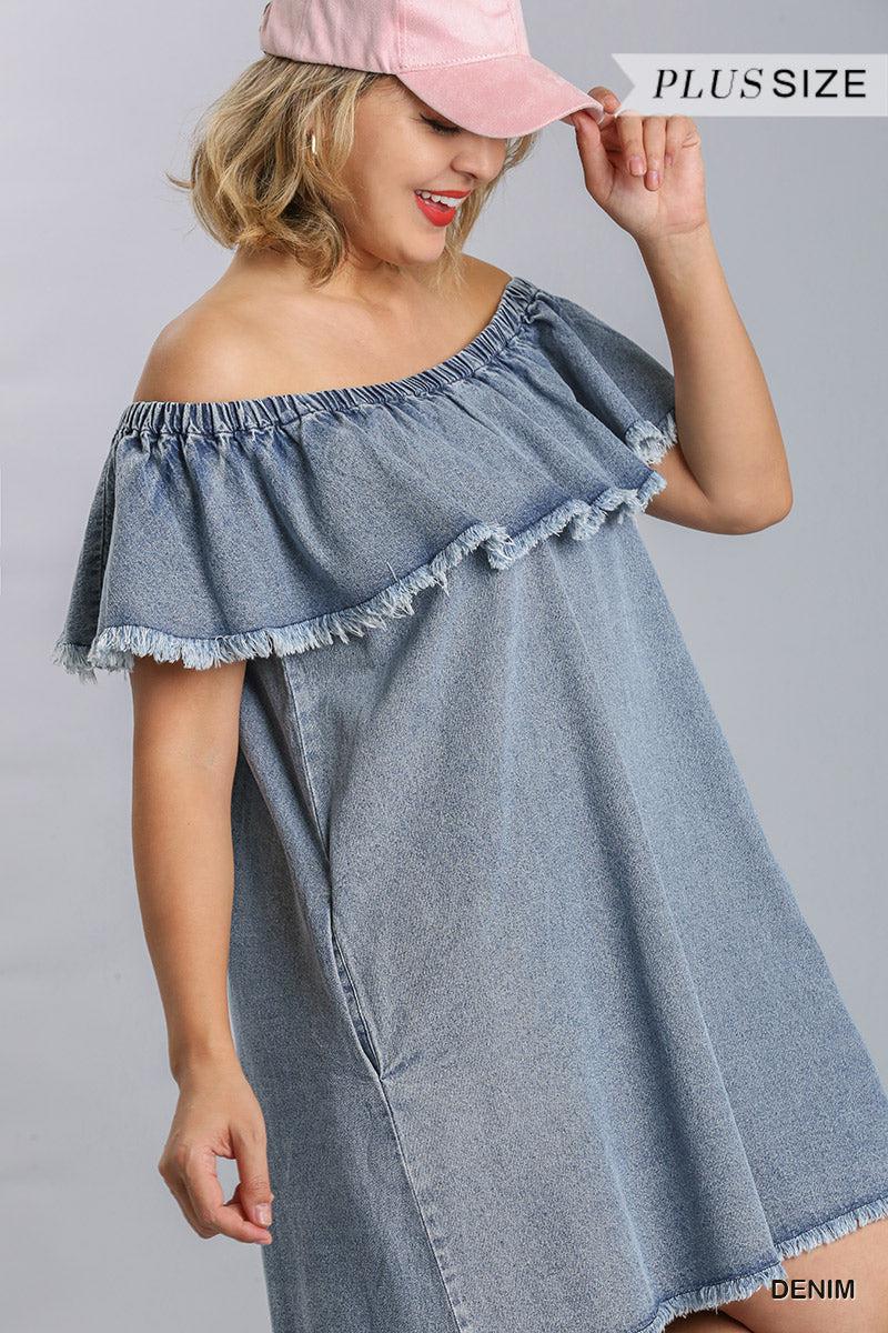Off Shoulder Ruffled Denim Dress With Frayed Hem & Pockets Blue Zone Planet