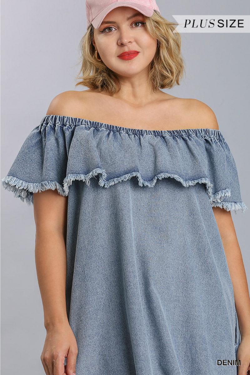 Off Shoulder Ruffled Denim Dress With Frayed Hem & Pockets Blue Zone Planet