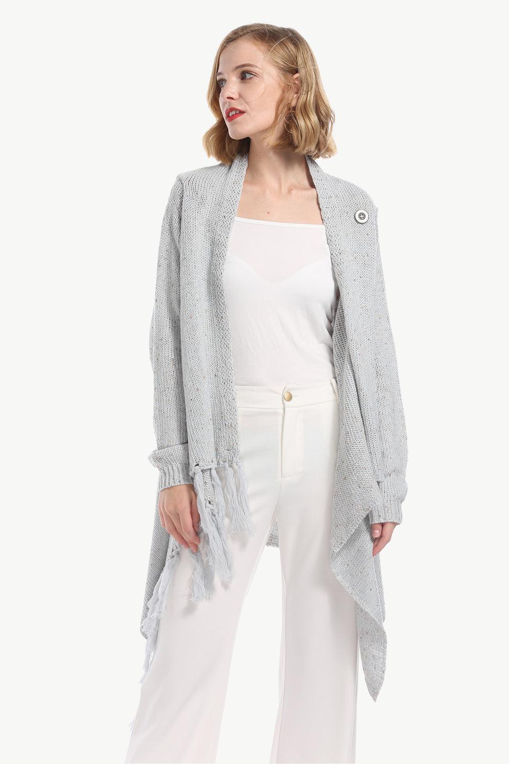 One-Button Tassel Tie Asymmetrical Hem Cardigan BLUE ZONE PLANET