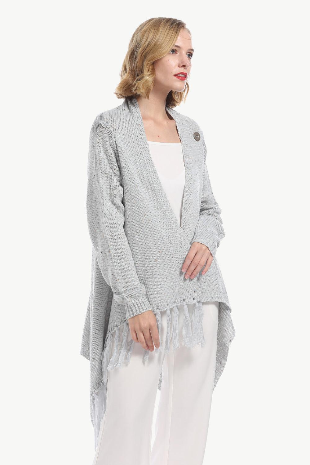 One-Button Tassel Tie Asymmetrical Hem Cardigan BLUE ZONE PLANET