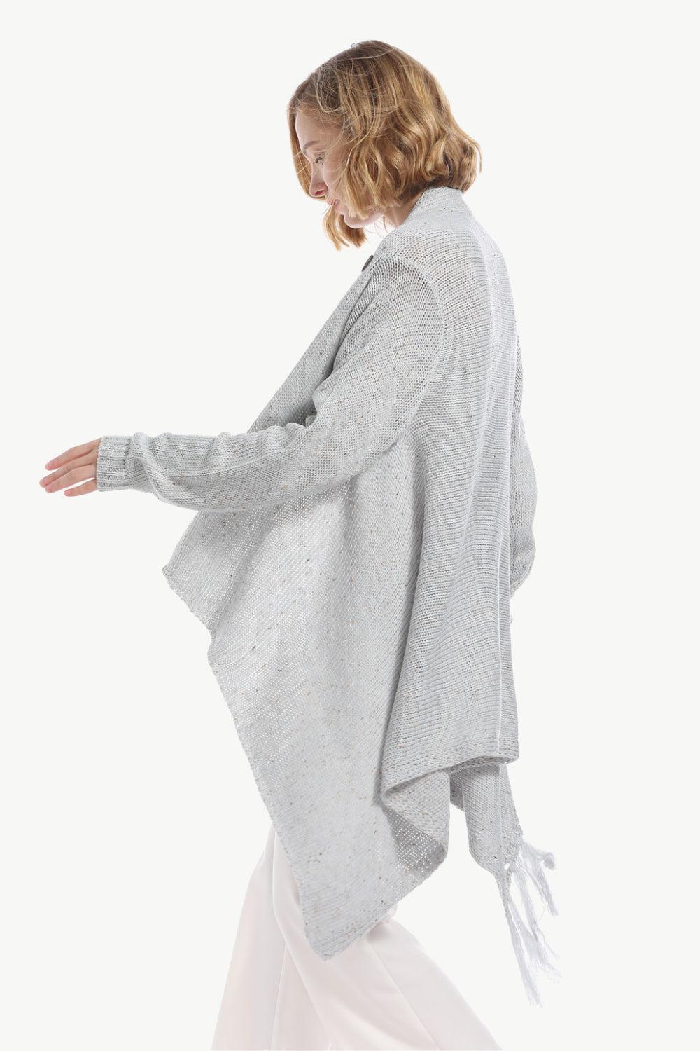 One-Button Tassel Tie Asymmetrical Hem Cardigan BLUE ZONE PLANET