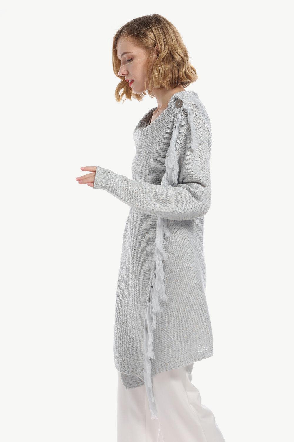 One-Button Tassel Tie Asymmetrical Hem Cardigan BLUE ZONE PLANET