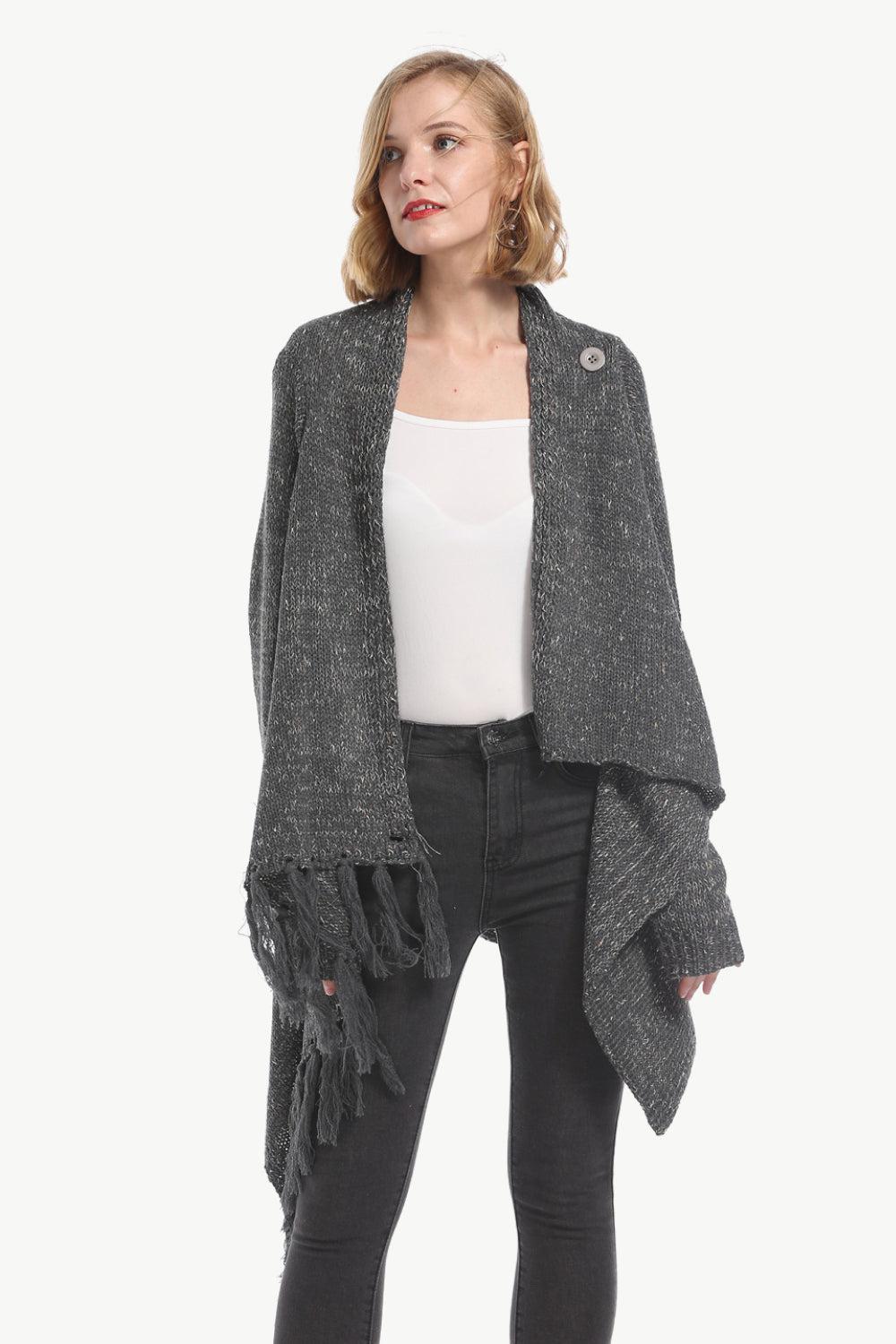 One-Button Tassel Tie Asymmetrical Hem Cardigan BLUE ZONE PLANET