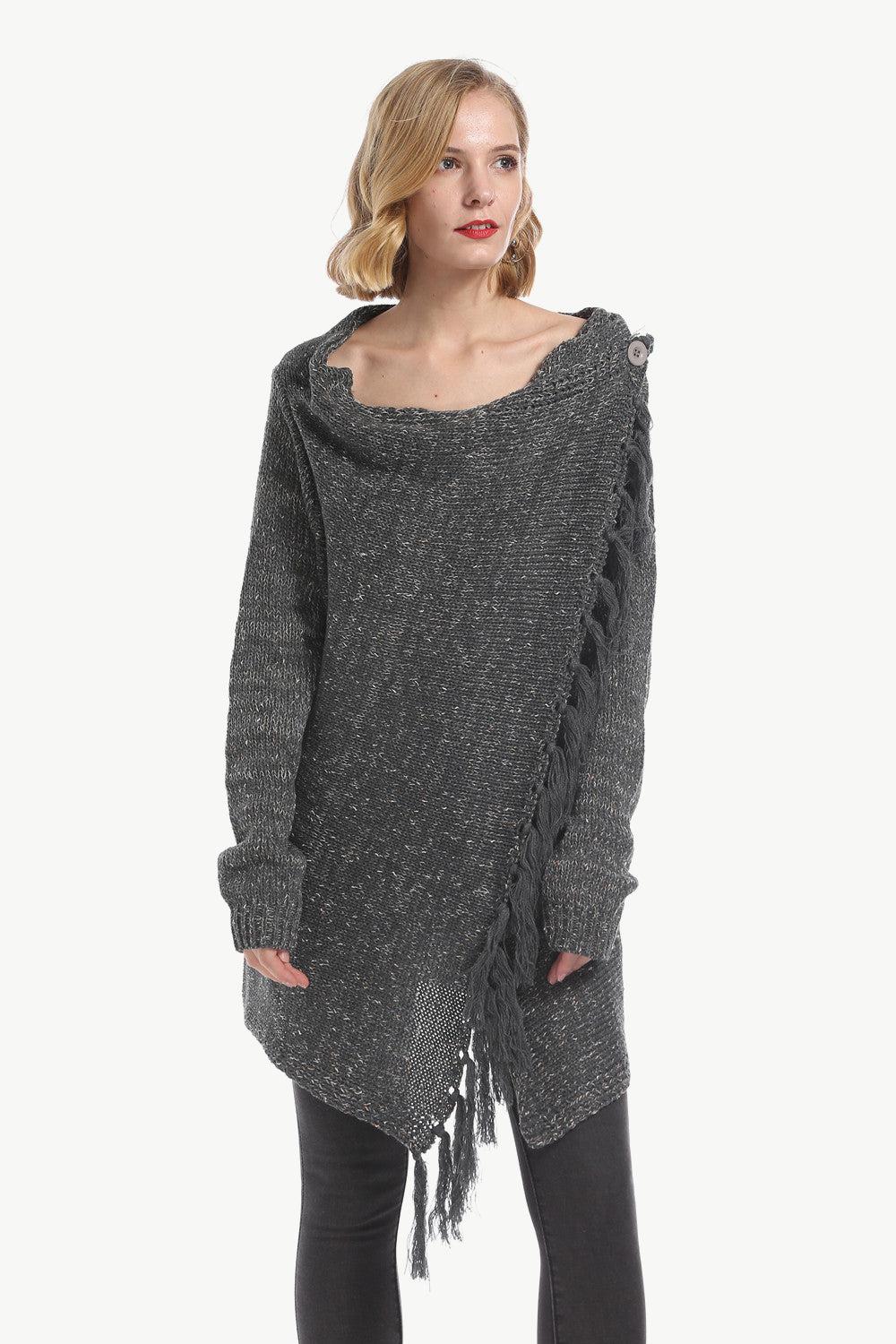 One-Button Tassel Tie Asymmetrical Hem Cardigan BLUE ZONE PLANET