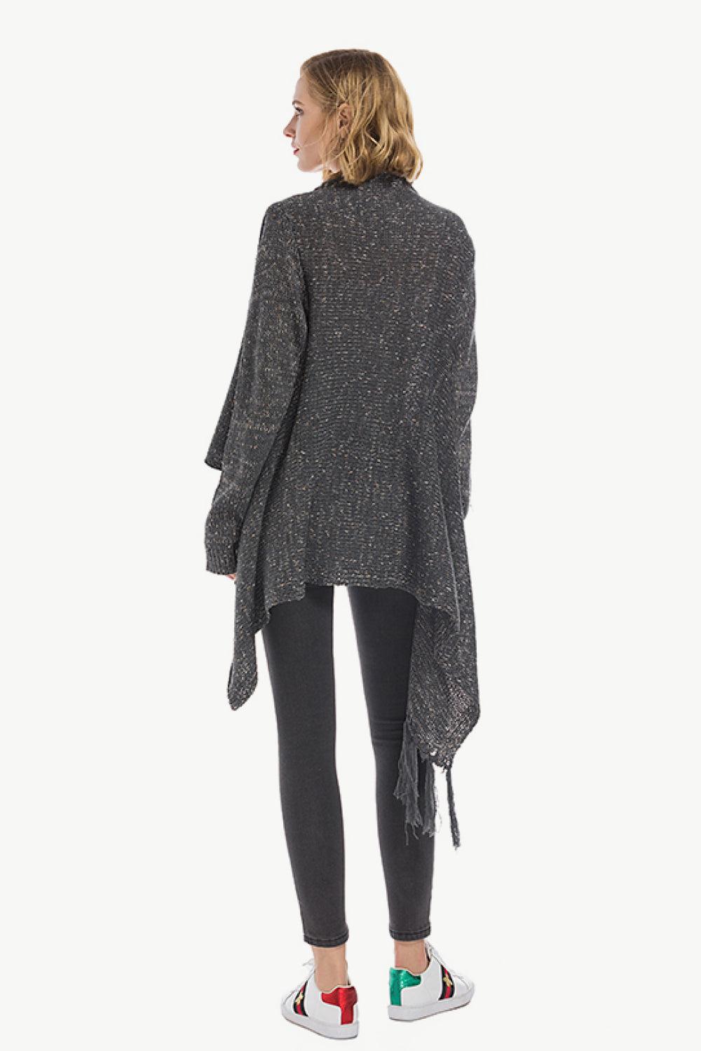 One-Button Tassel Tie Asymmetrical Hem Cardigan BLUE ZONE PLANET