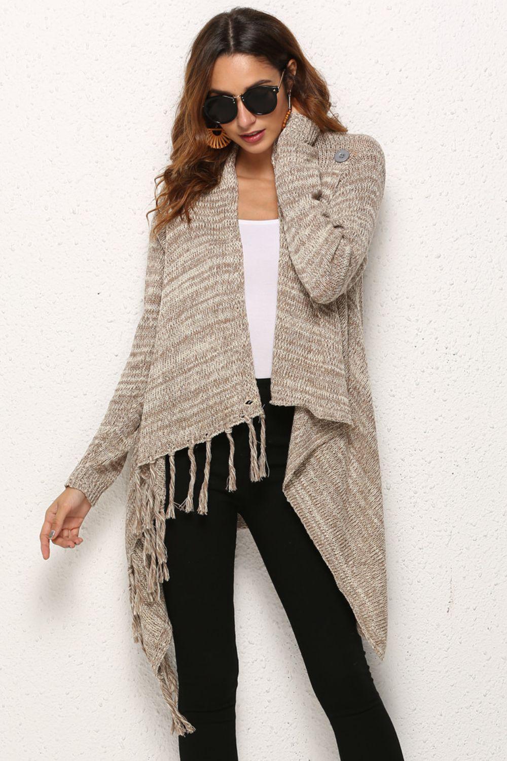 One-Button Tassel Tie Asymmetrical Hem Cardigan BLUE ZONE PLANET