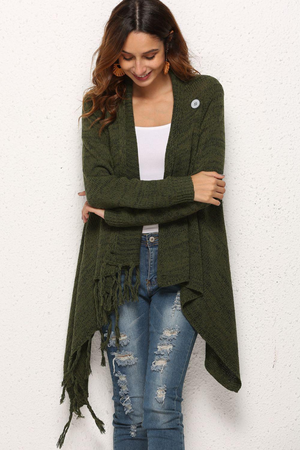 One-Button Tassel Tie Asymmetrical Hem Cardigan BLUE ZONE PLANET