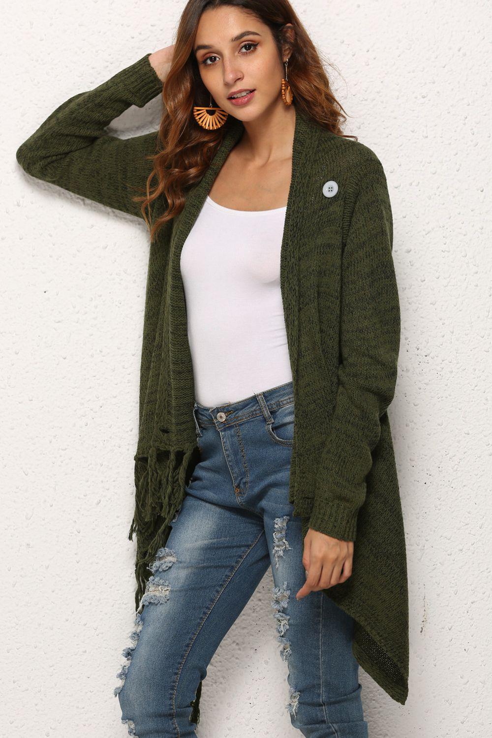 One-Button Tassel Tie Asymmetrical Hem Cardigan BLUE ZONE PLANET