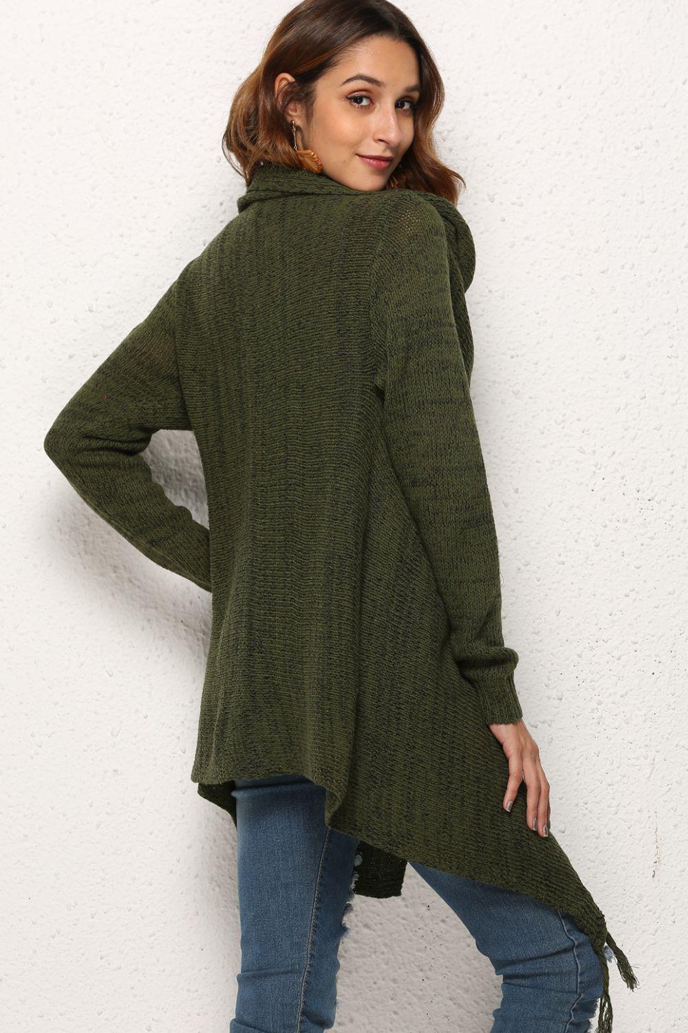 One-Button Tassel Tie Asymmetrical Hem Cardigan BLUE ZONE PLANET