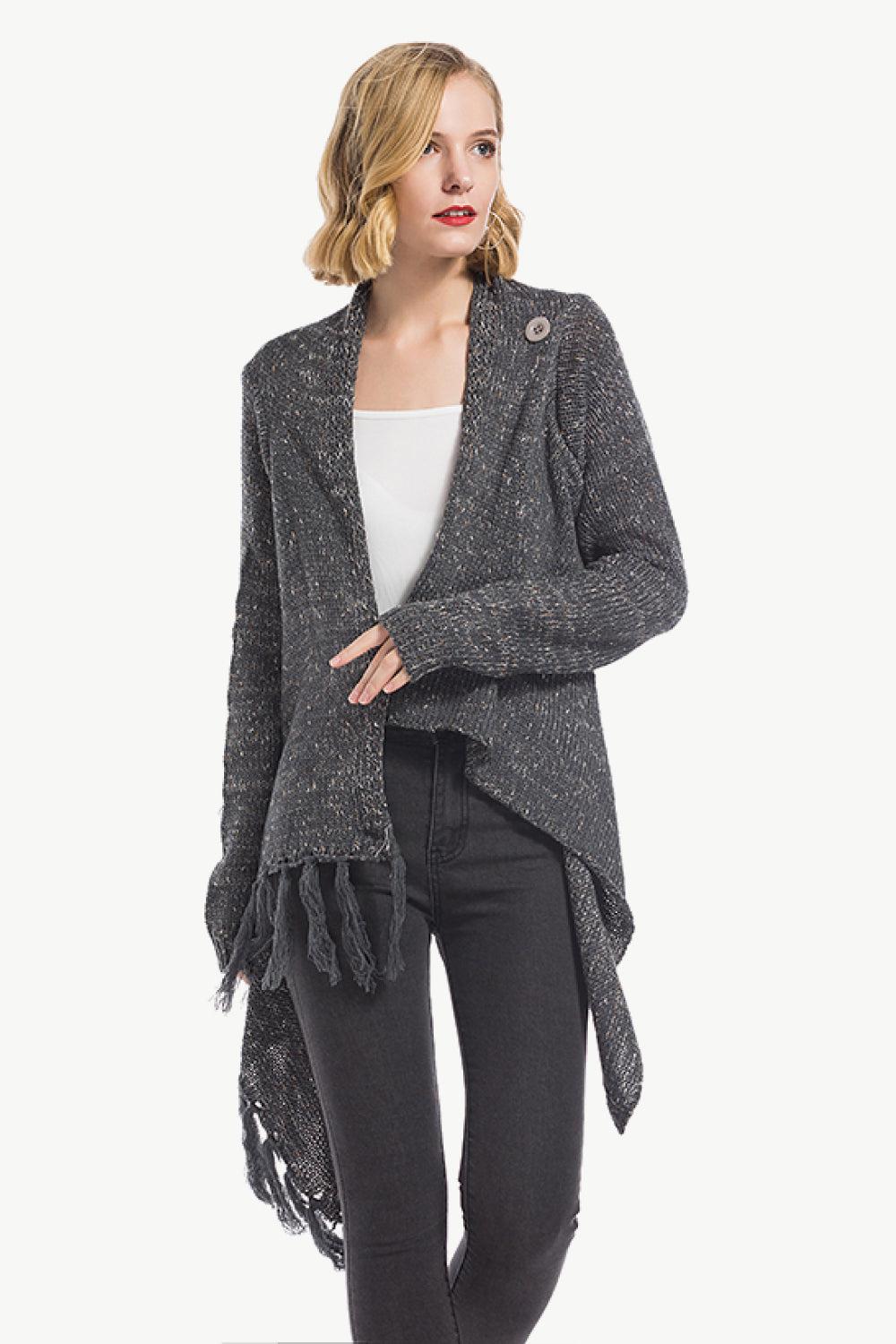 One-Button Tassel Tie Asymmetrical Hem Cardigan BLUE ZONE PLANET