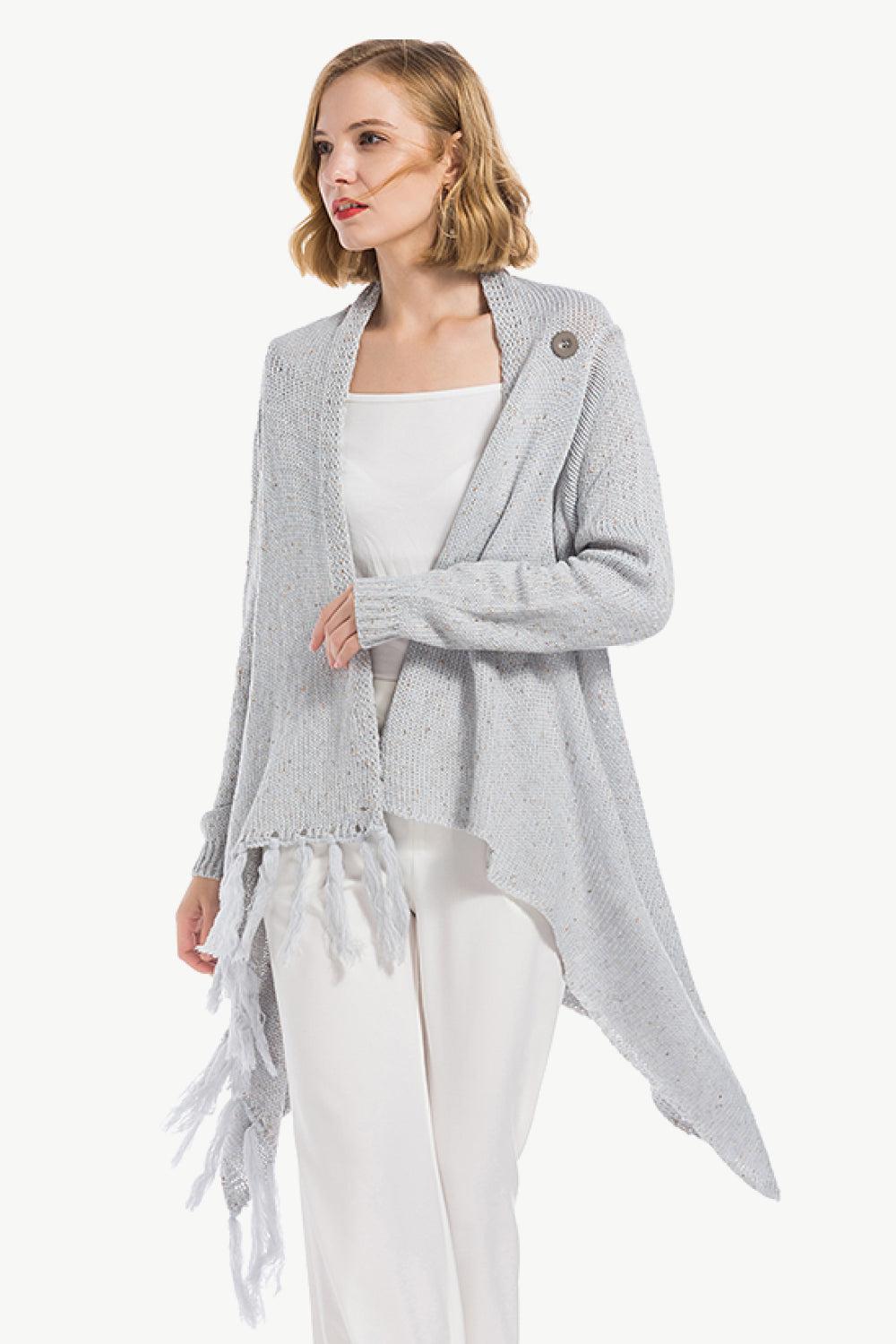 One-Button Tassel Tie Asymmetrical Hem Cardigan BLUE ZONE PLANET