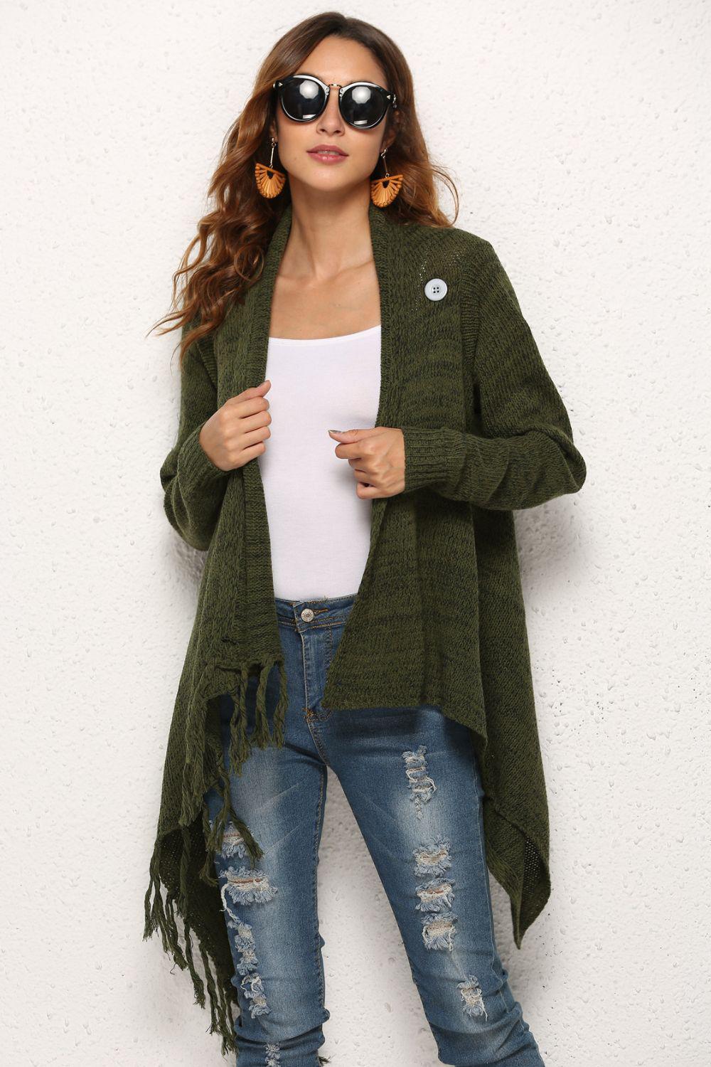 One-Button Tassel Tie Asymmetrical Hem Cardigan BLUE ZONE PLANET