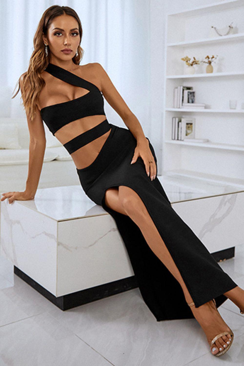 One-Shoulder Cutout Front Split Maxi Dress BLUE ZONE PLANET