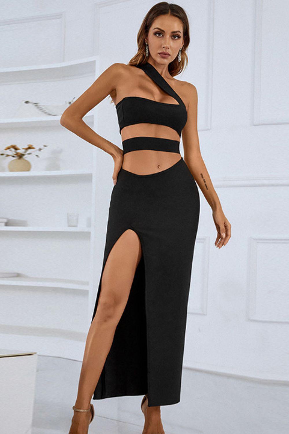 One-Shoulder Cutout Front Split Maxi Dress BLUE ZONE PLANET