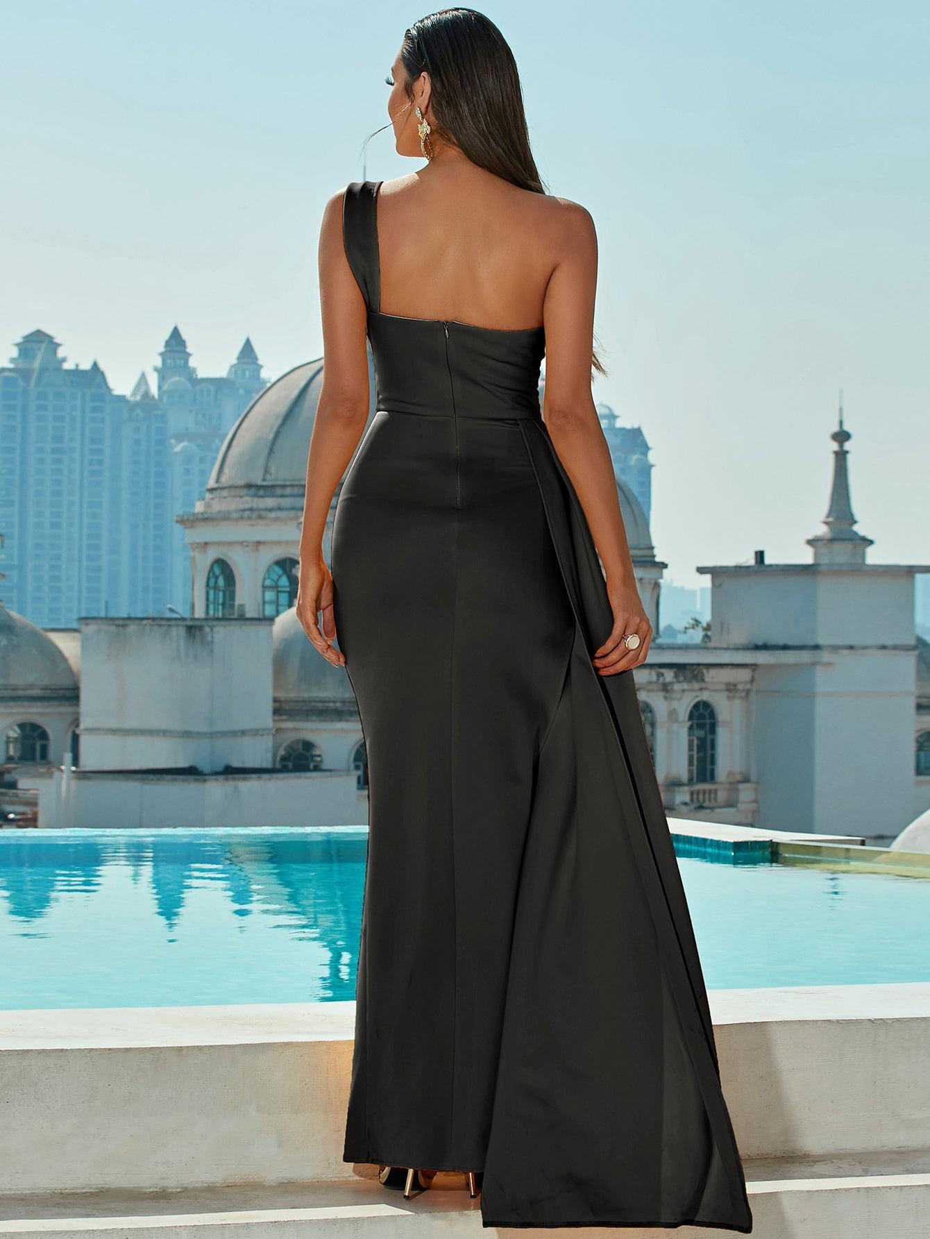 One-Shoulder Split Ruched Dress BLUE ZONE PLANET