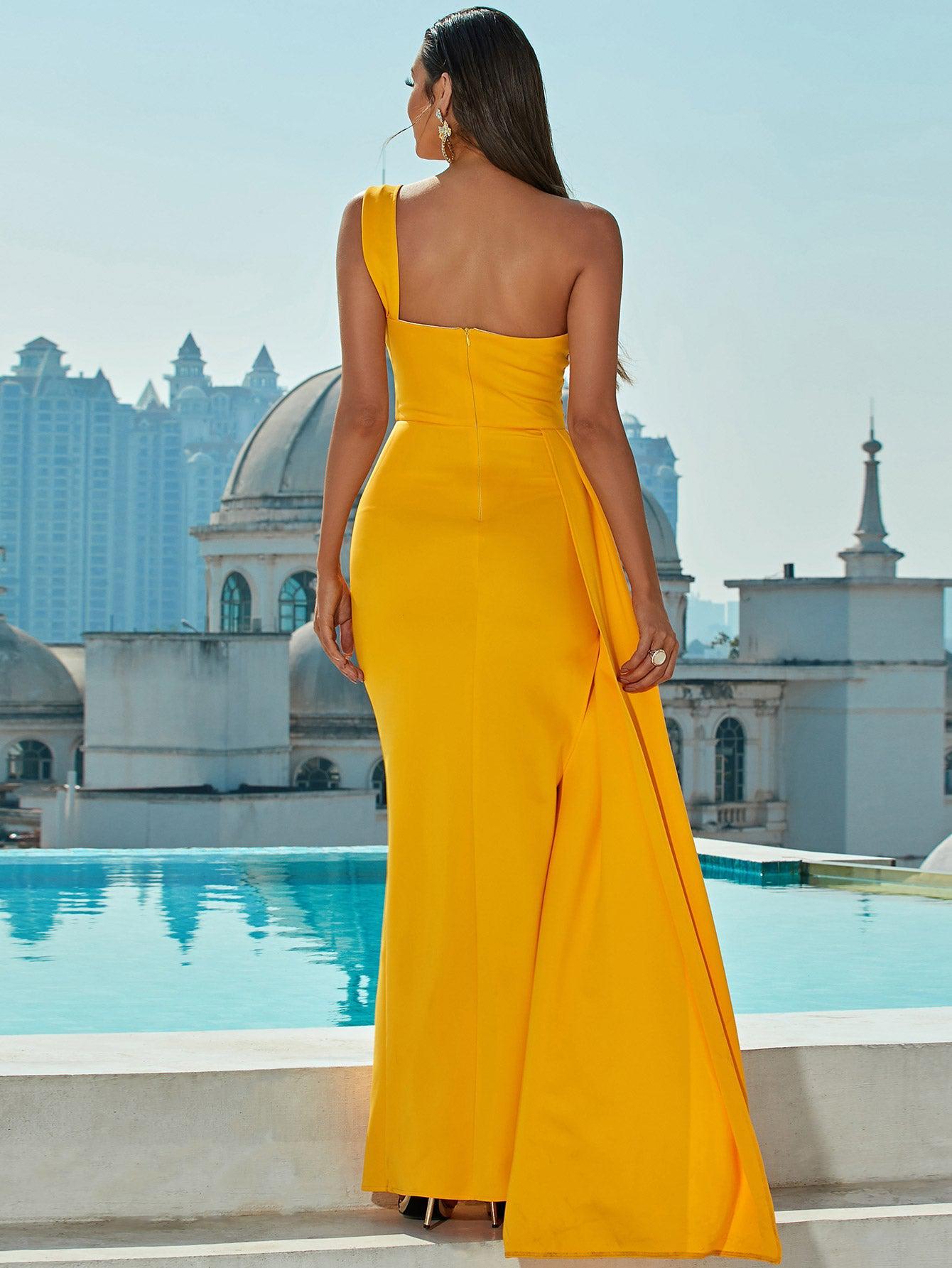 One-Shoulder Split Ruched Dress BLUE ZONE PLANET