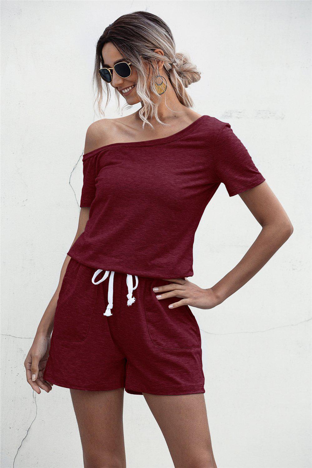 One Shoulder Tie Waist Romper BLUE ZONE PLANET