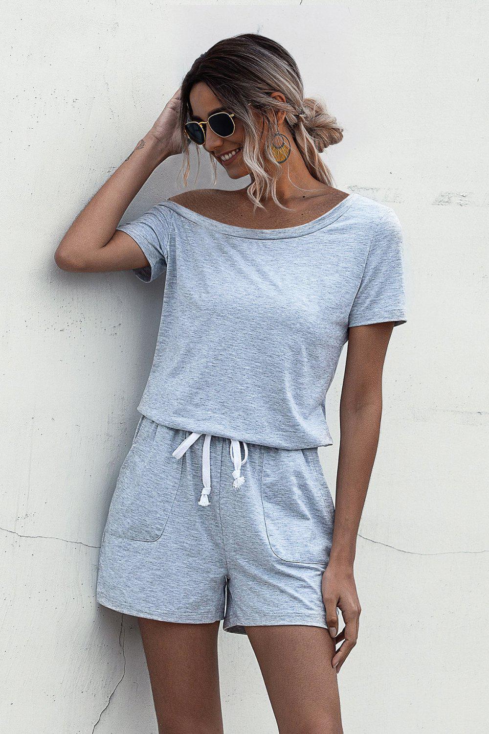 One Shoulder Tie Waist Romper BLUE ZONE PLANET