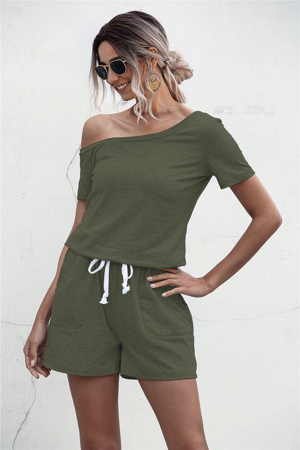 One Shoulder Tie Waist Romper BLUE ZONE PLANET
