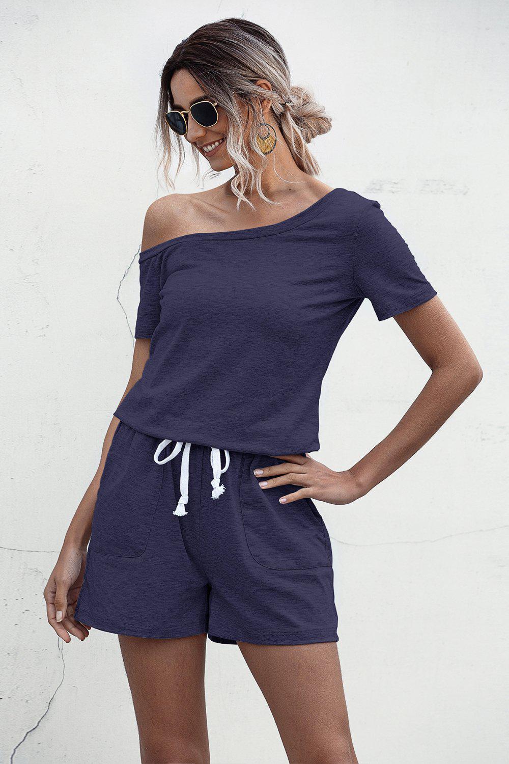 One Shoulder Tie Waist Romper BLUE ZONE PLANET