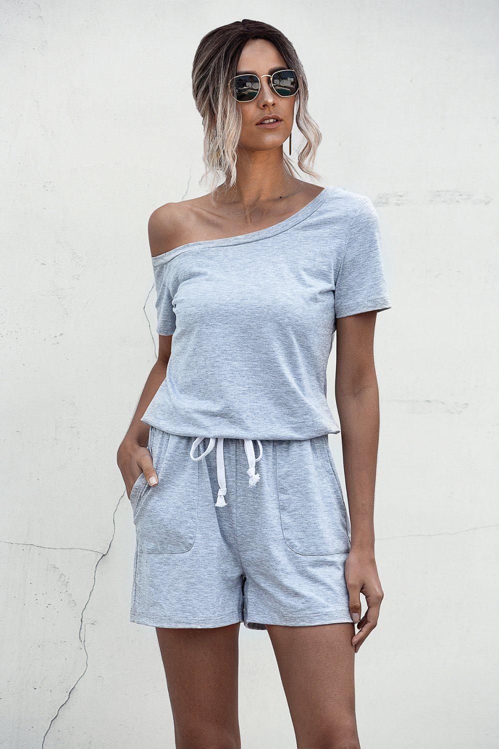 One Shoulder Tie Waist Romper BLUE ZONE PLANET