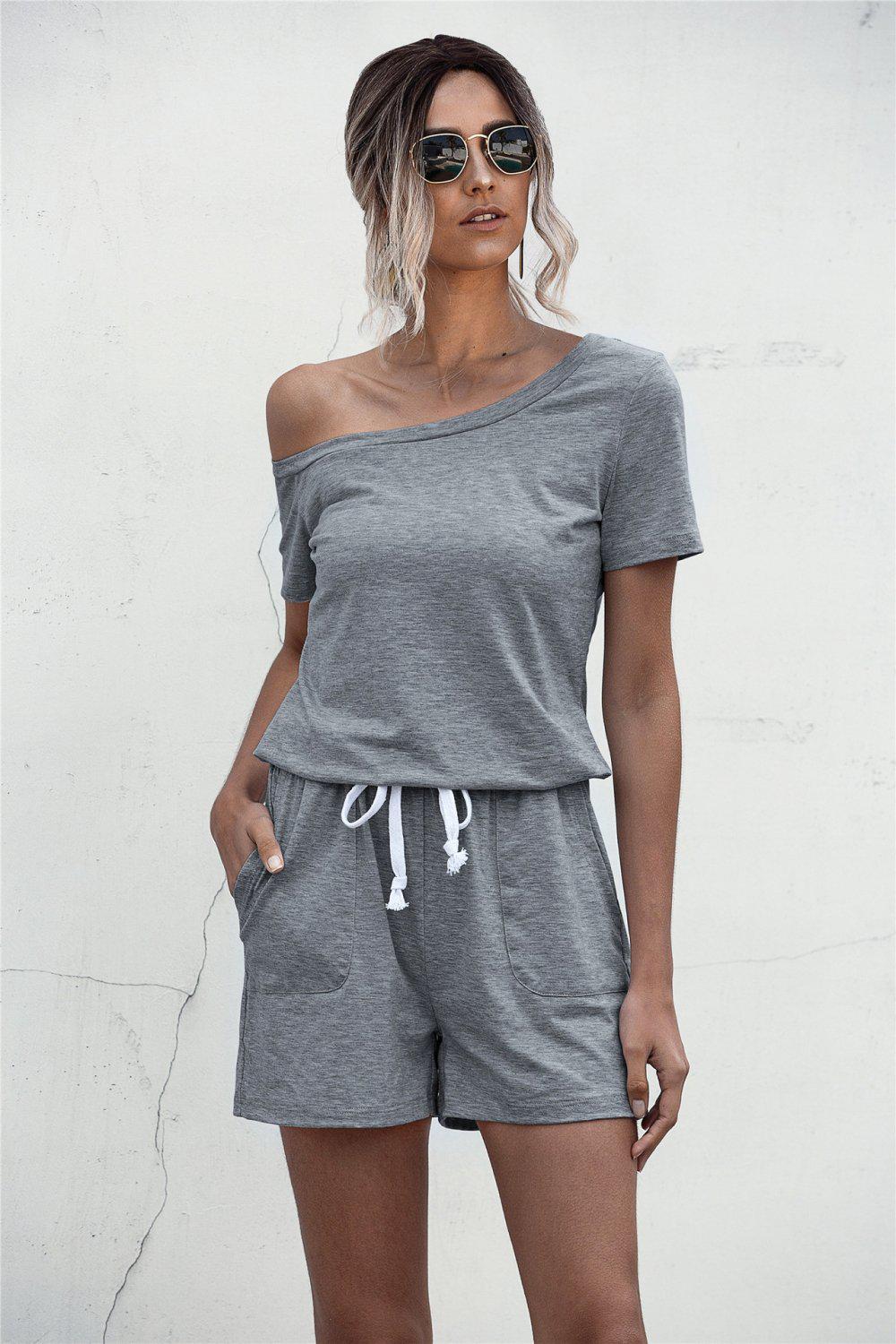 One Shoulder Tie Waist Romper BLUE ZONE PLANET