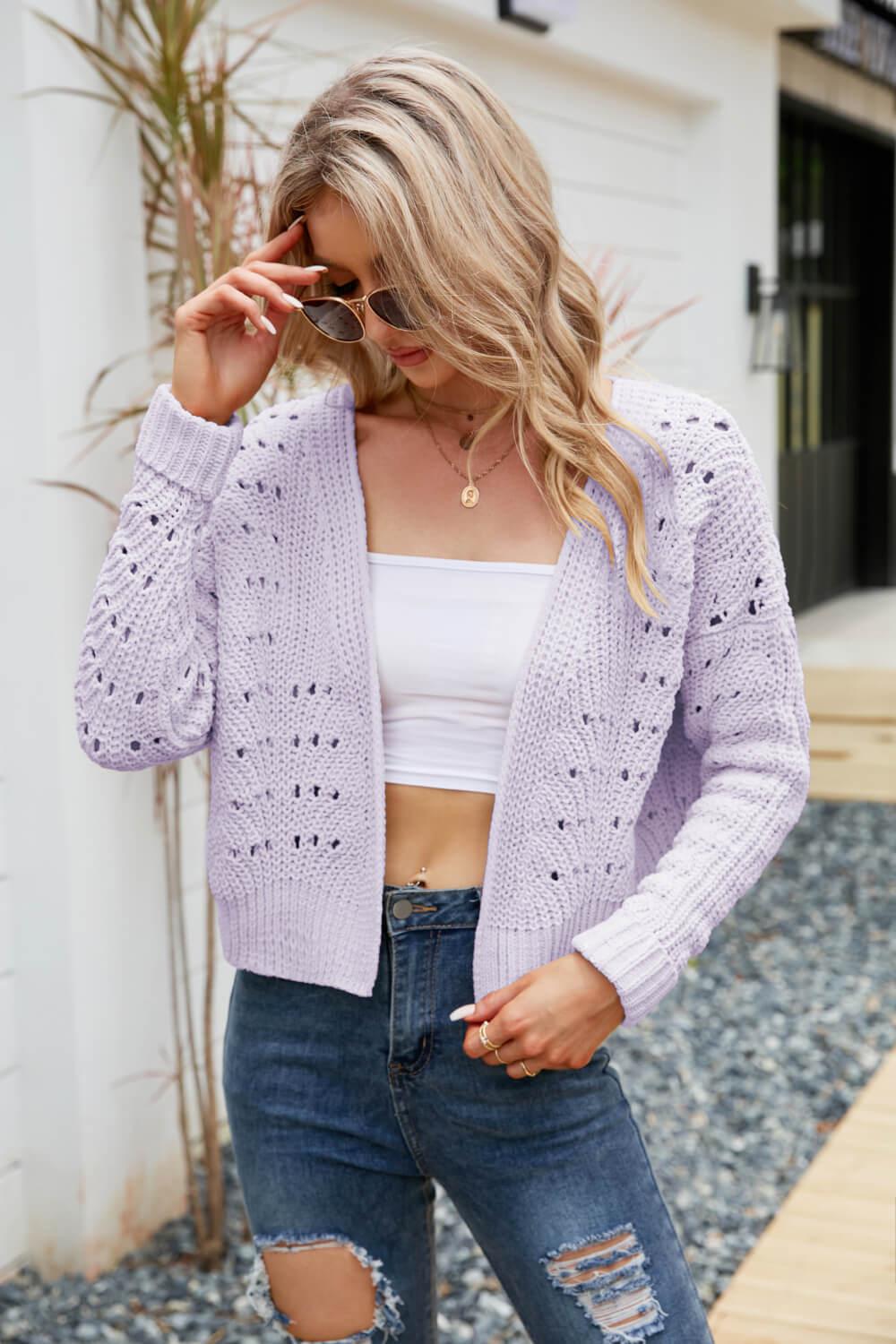 Open Front Cuffed Cropped Cardigan BLUE ZONE PLANET