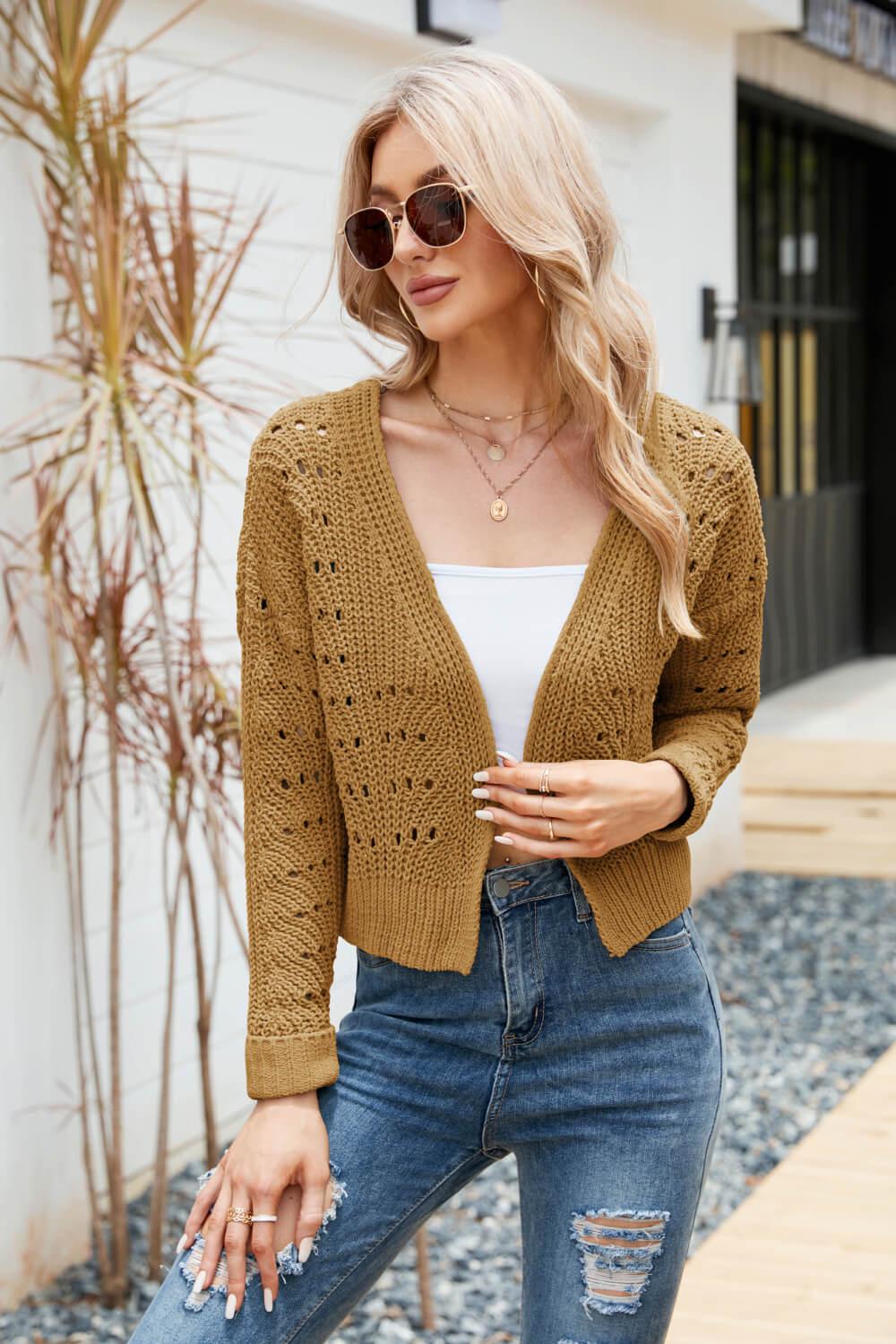 Open Front Cuffed Cropped Cardigan BLUE ZONE PLANET