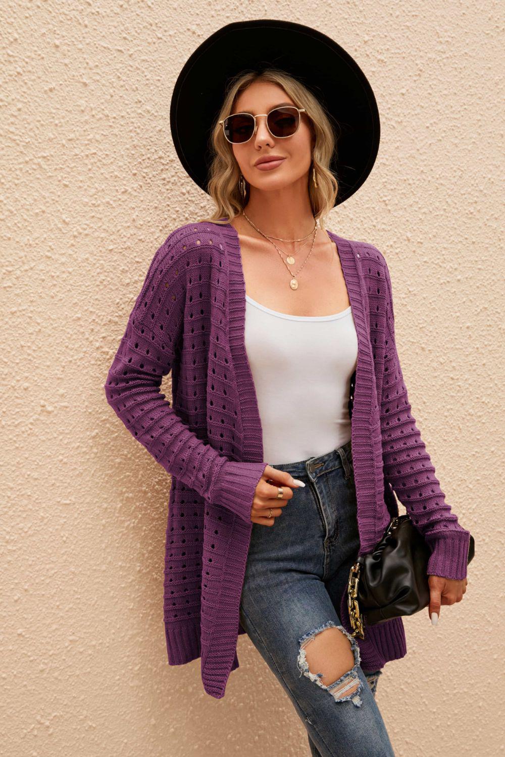 Openwork Horizontal Ribbing Open Front Cardigan BLUE ZONE PLANET