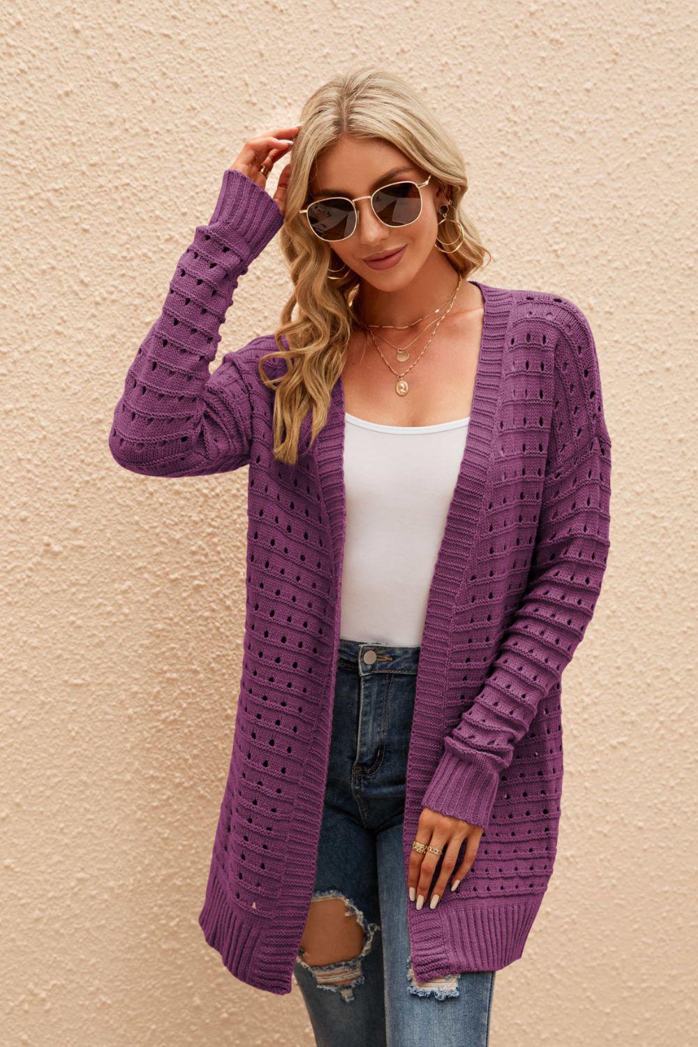 Openwork Horizontal Ribbing Open Front Cardigan BLUE ZONE PLANET
