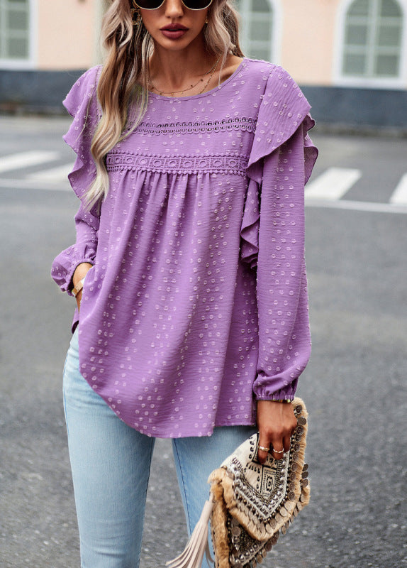 Blue Zone Planet | Elegant lace patchwork long-sleeved top blouse BLUE ZONE PLANET
