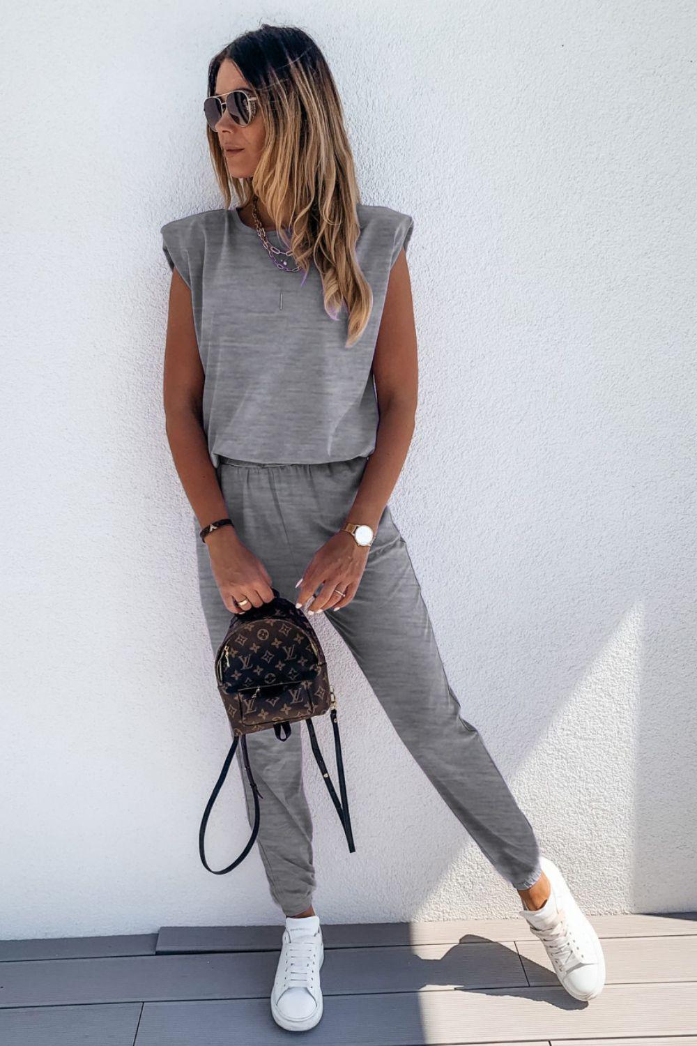 Padded Shoulder Top and Joggers Lounge Set BLUE ZONE PLANET