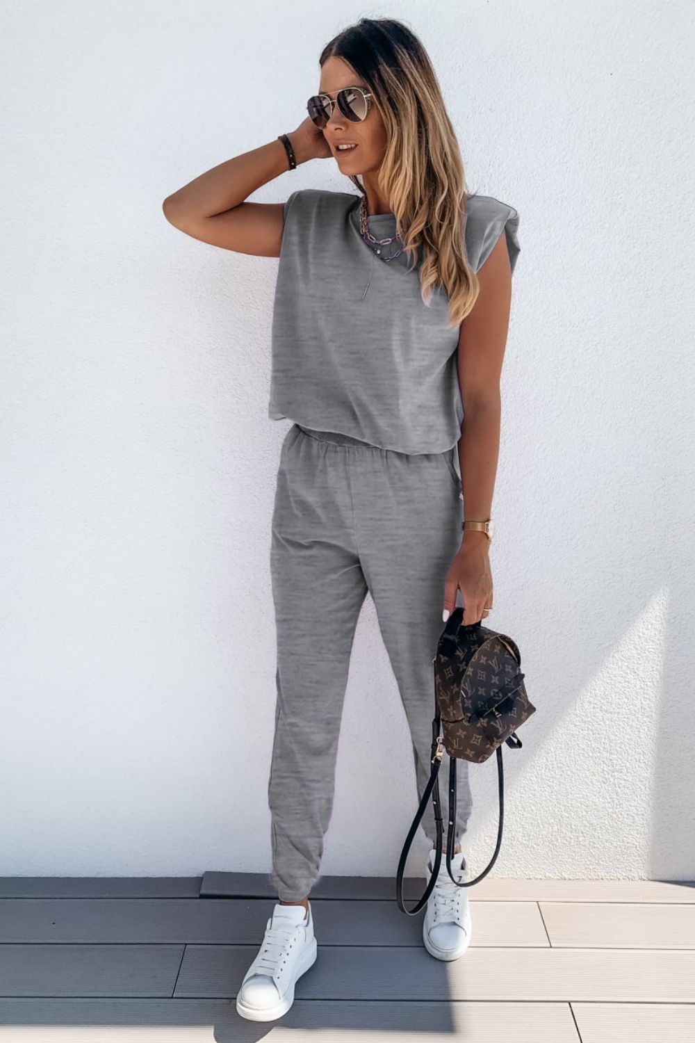 Padded Shoulder Top and Joggers Lounge Set BLUE ZONE PLANET