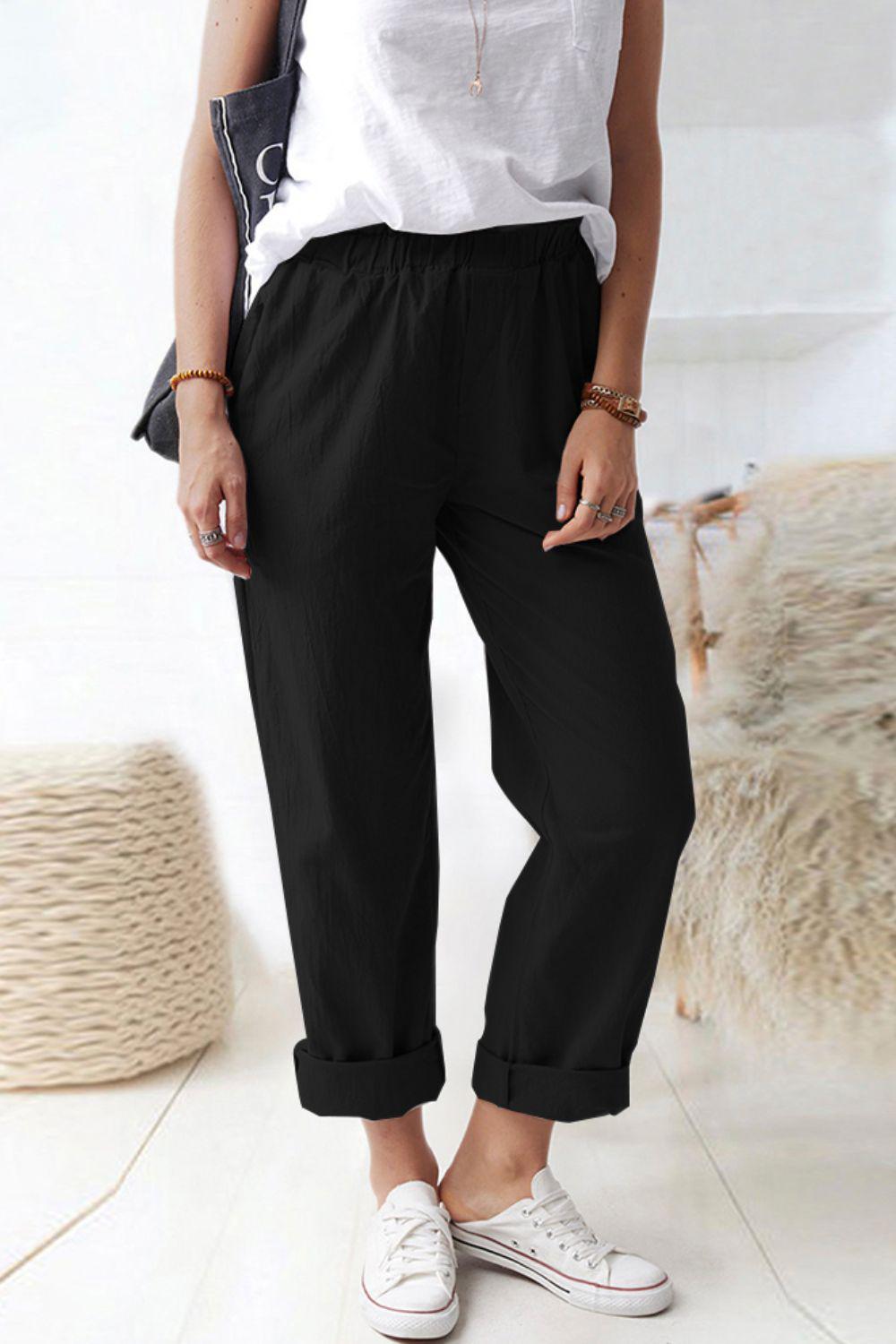 Paperbag Waist Pull-On Pants with Pockets BLUE ZONE PLANET