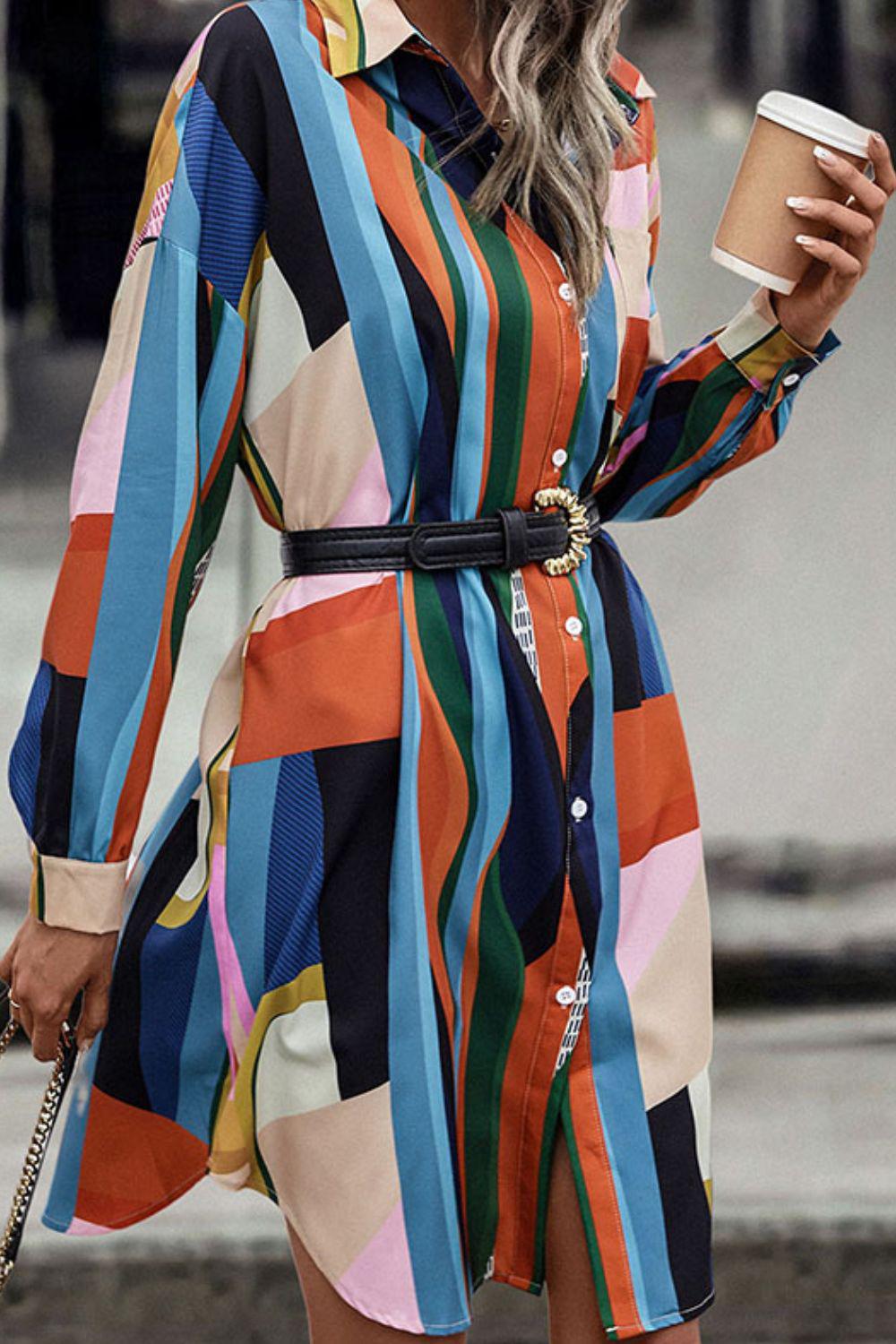Patchwork Curved Hem Long Sleeve Shirt Mini Dress BLUE ZONE PLANET