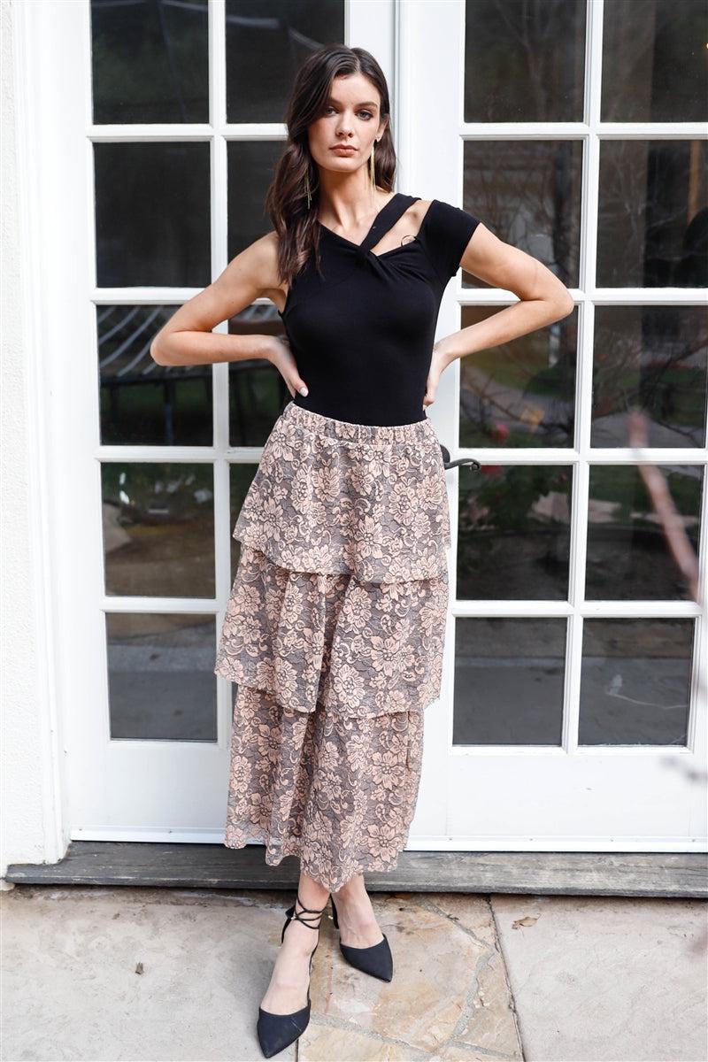 Peach & Grey Lace Layered Ruffled Midi Skirt Blue Zone Planet