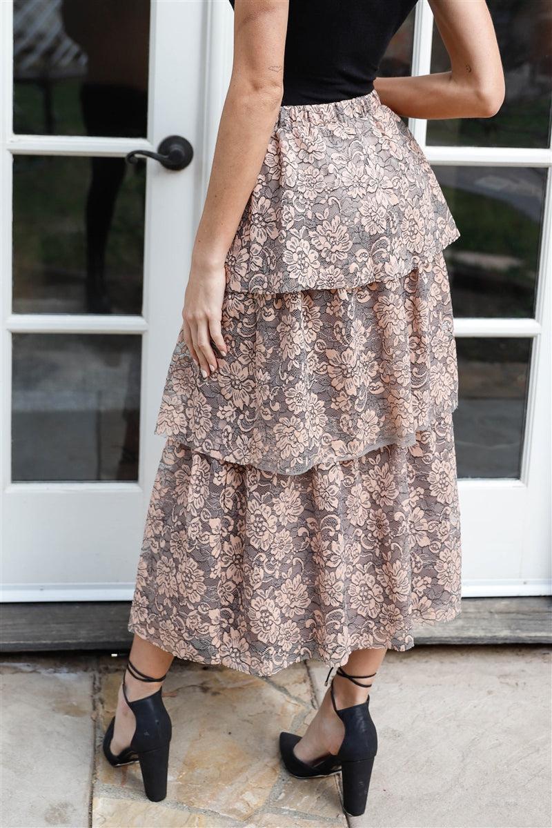 Peach & Grey Lace Layered Ruffled Midi Skirt Blue Zone Planet