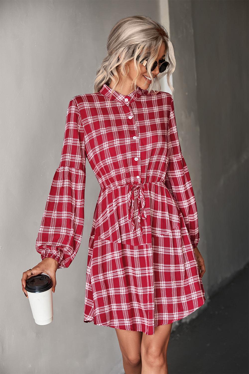 Plaid Band Collar Drawstring Shirt Mini Dress BLUE ZONE PLANET