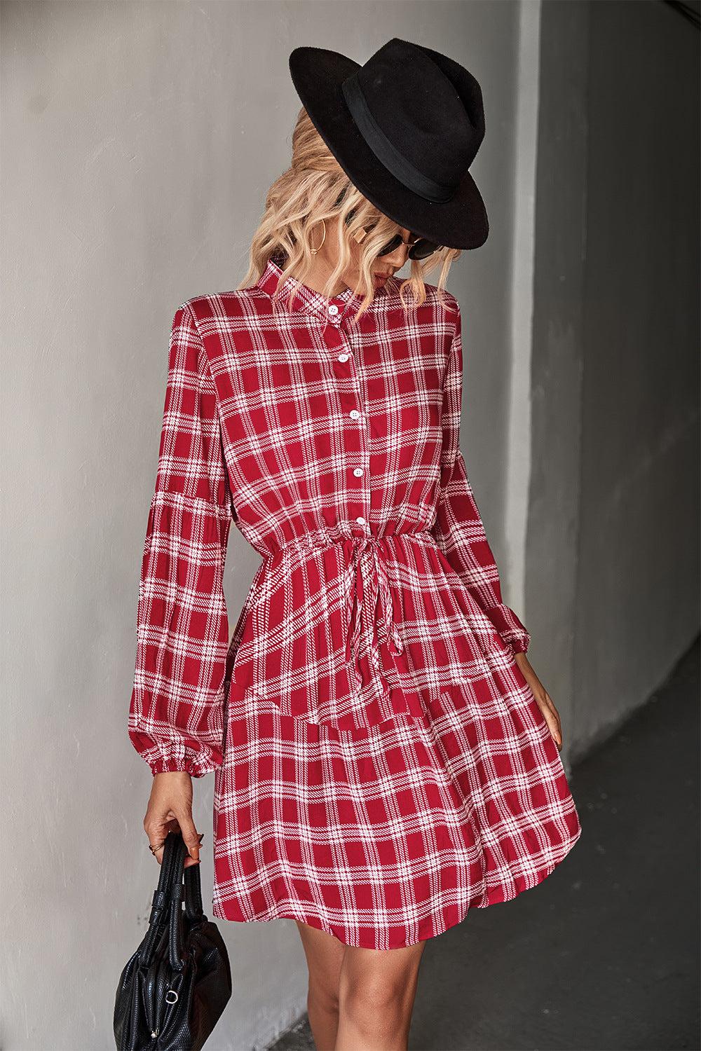 Plaid Band Collar Drawstring Shirt Mini Dress BLUE ZONE PLANET