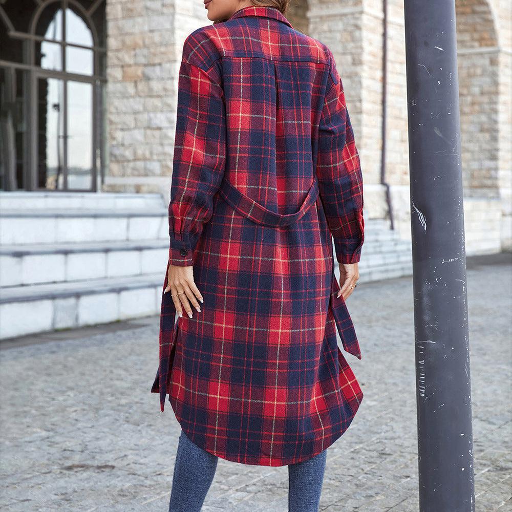 Plaid Belted Button Down Longline Shirt Jacket BLUE ZONE PLANET