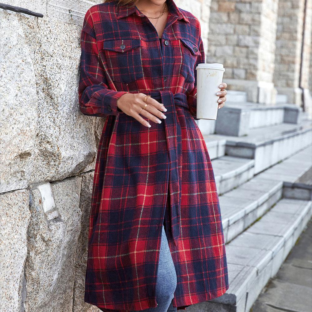 Plaid Belted Button Down Longline Shirt Jacket BLUE ZONE PLANET