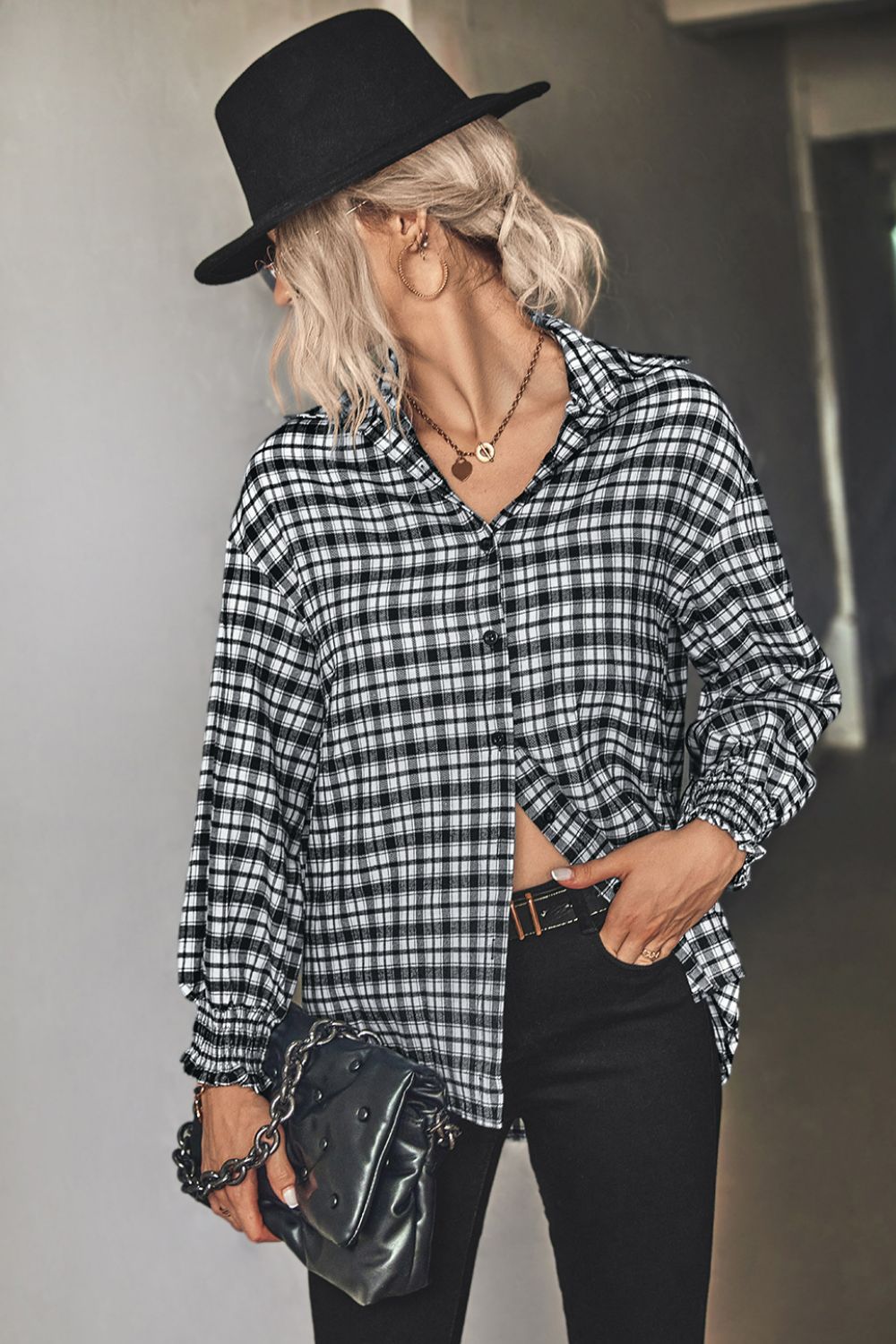 Plaid Button Front Dropped Shoulder Shirt BLUE ZONE PLANET