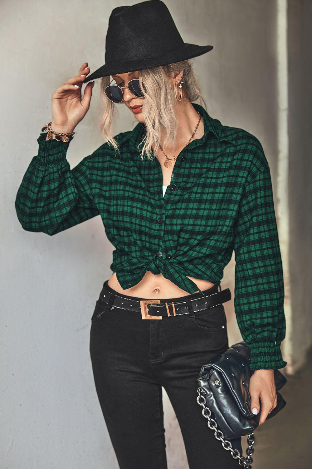 Plaid Button Front Dropped Shoulder Shirt BLUE ZONE PLANET