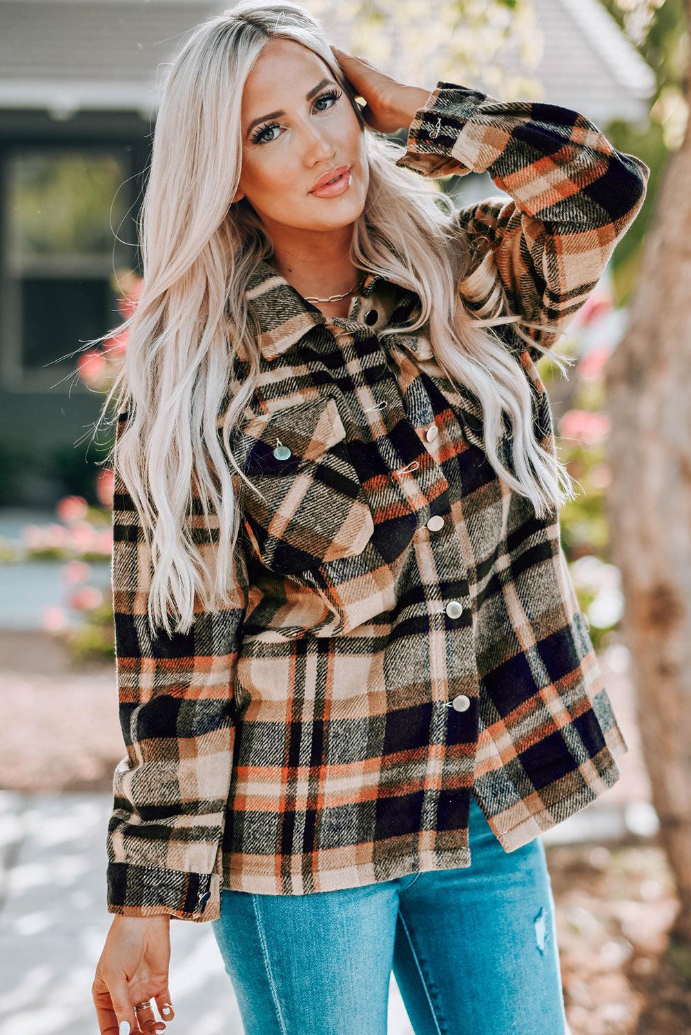 Plaid Button Front Shirt Jacket with Breast Pockets BLUE ZONE PLANET