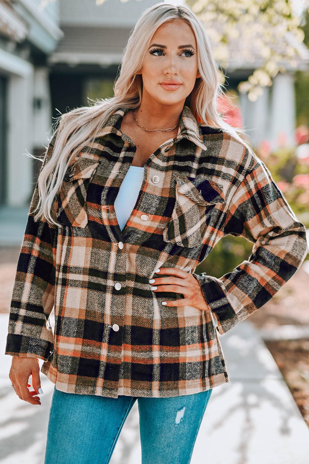 Plaid Button Front Shirt Jacket with Breast Pockets BLUE ZONE PLANET